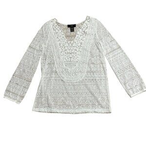 RAIN TOP CROCHET LACE BOHO FESTIVAL SHEER HIPPIE WHITE OPEN KNIT FLORAL SIZE S